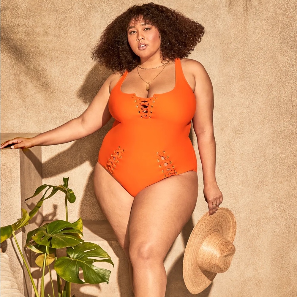 Orange Lace-Up One-Piece Swimsuit